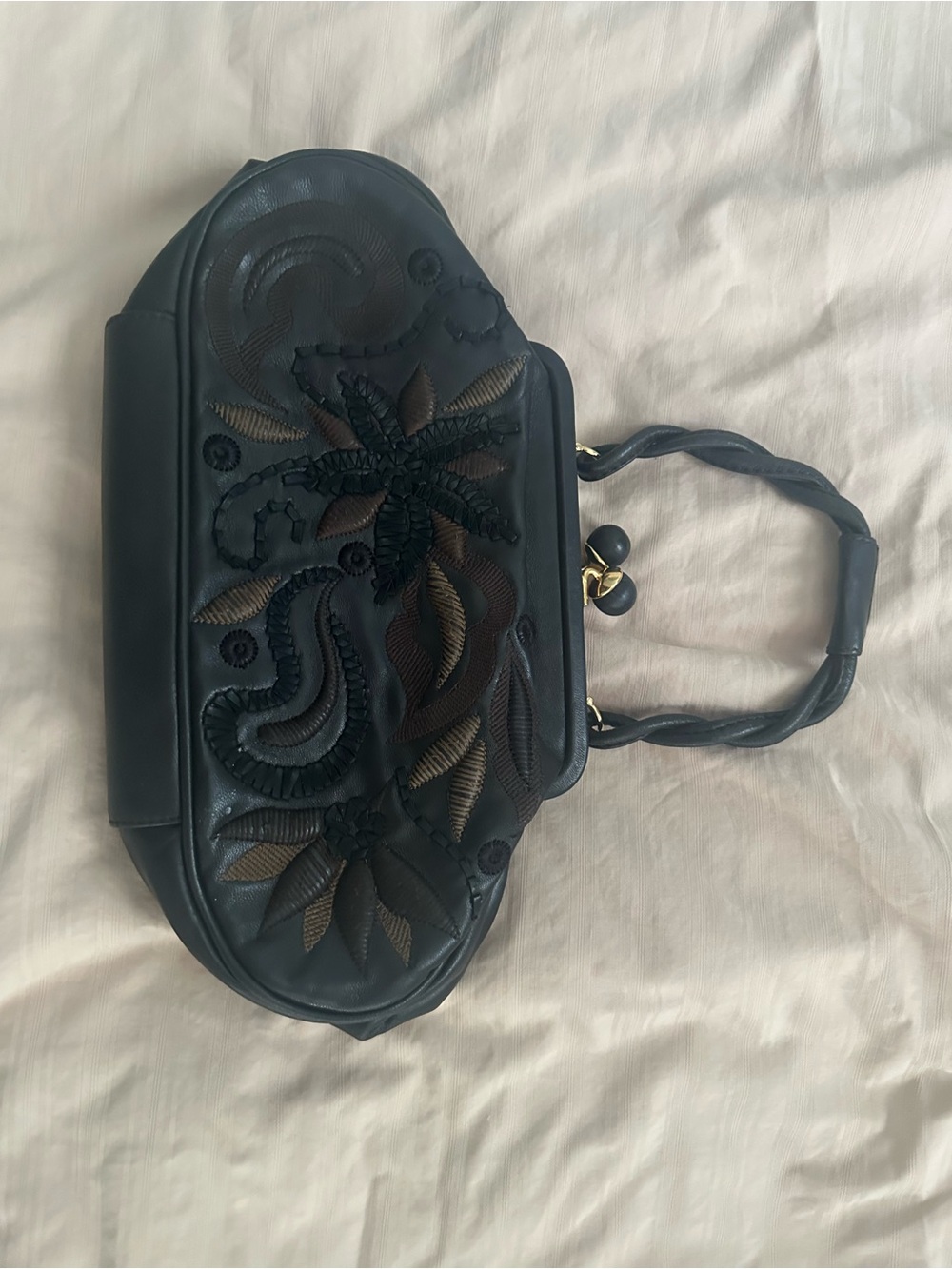 Black Embroidered Floral Shoulder Bag with Braided Handles